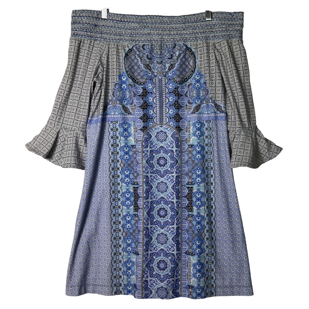 Cabana Life Blue Mosaic Off Shoulder Smocked Tunic Top Womens Size Medium Beach